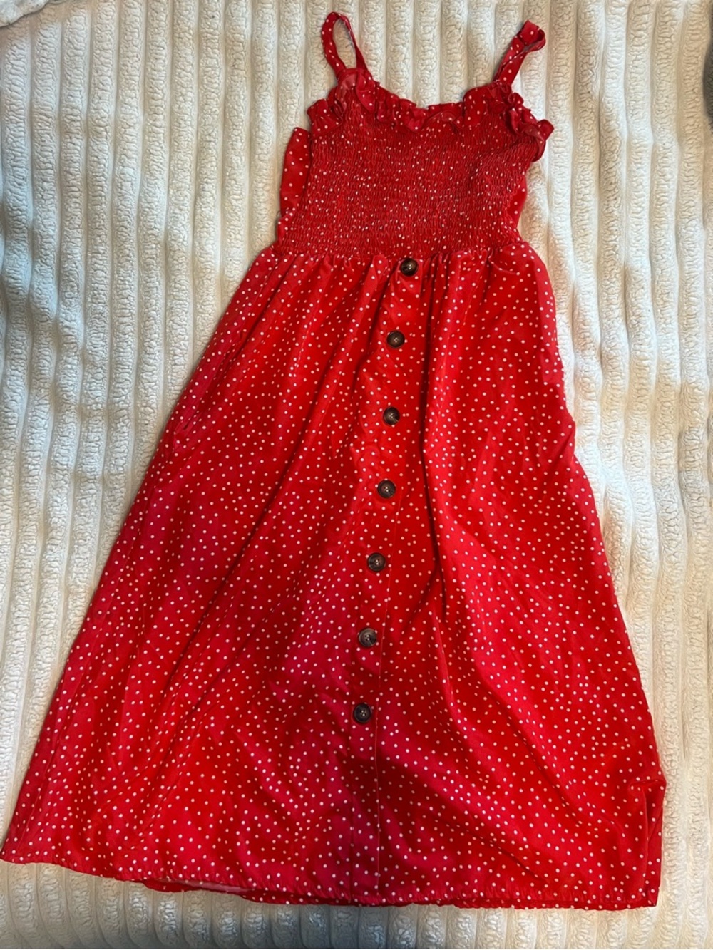 Girls' Red Polka Dot Smocked Sundress with Buttons